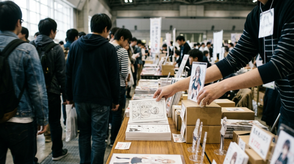 即売会の机を通路側から見た構図で、参加者の胴体越しに手元が同人誌やディスプレイ什器を並べている様子