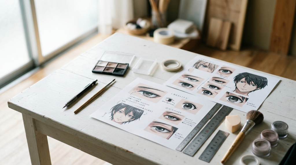 コスプレ用二重幅調整グッズと定規、キャラ参考画像の構成写真