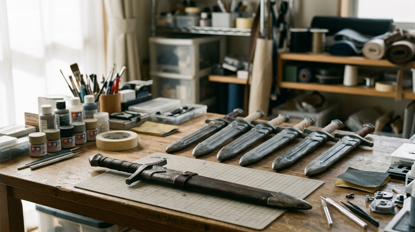 一点物と複数同じ型で作られたコスプレ小道具を比較した作業風景