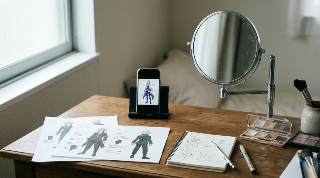 公式イラストの参考画像、スマートフォン、鏡、ノートを並べて事前練習を進めるためのコスプレ準備風景