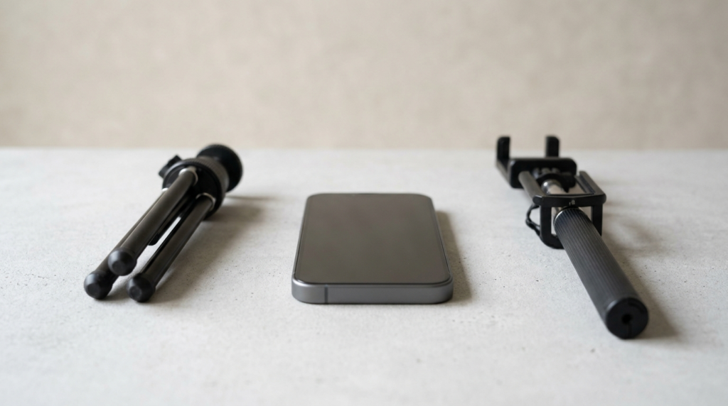 スマートフォン、ミニ三脚、自撮り棒が並べられている撮影準備のイメージ