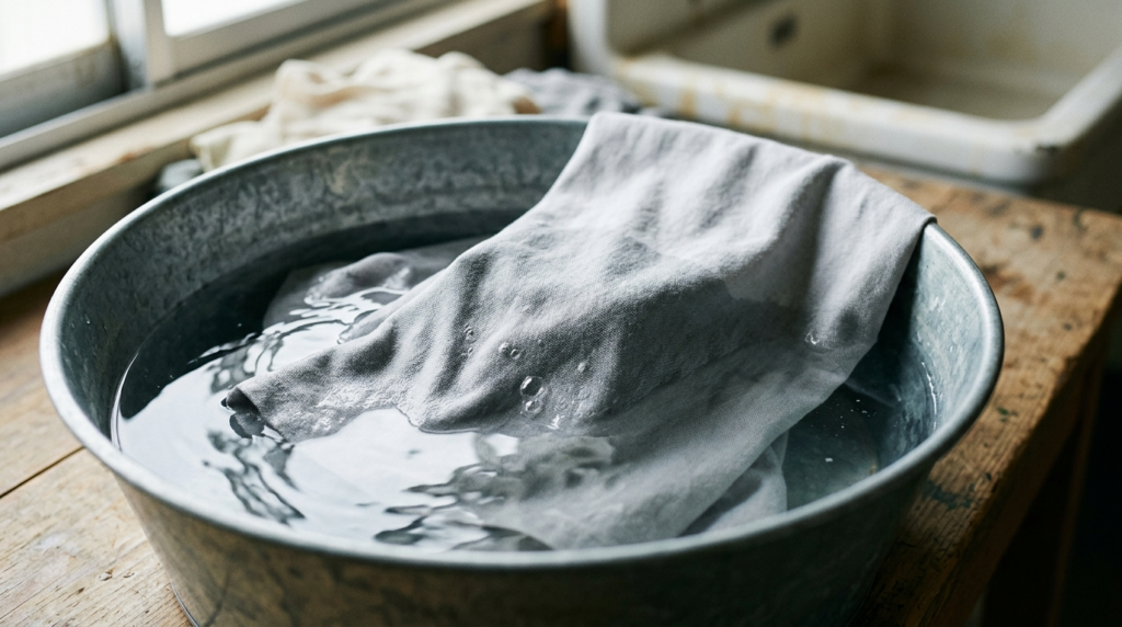 布が洗面器に浸っている様子