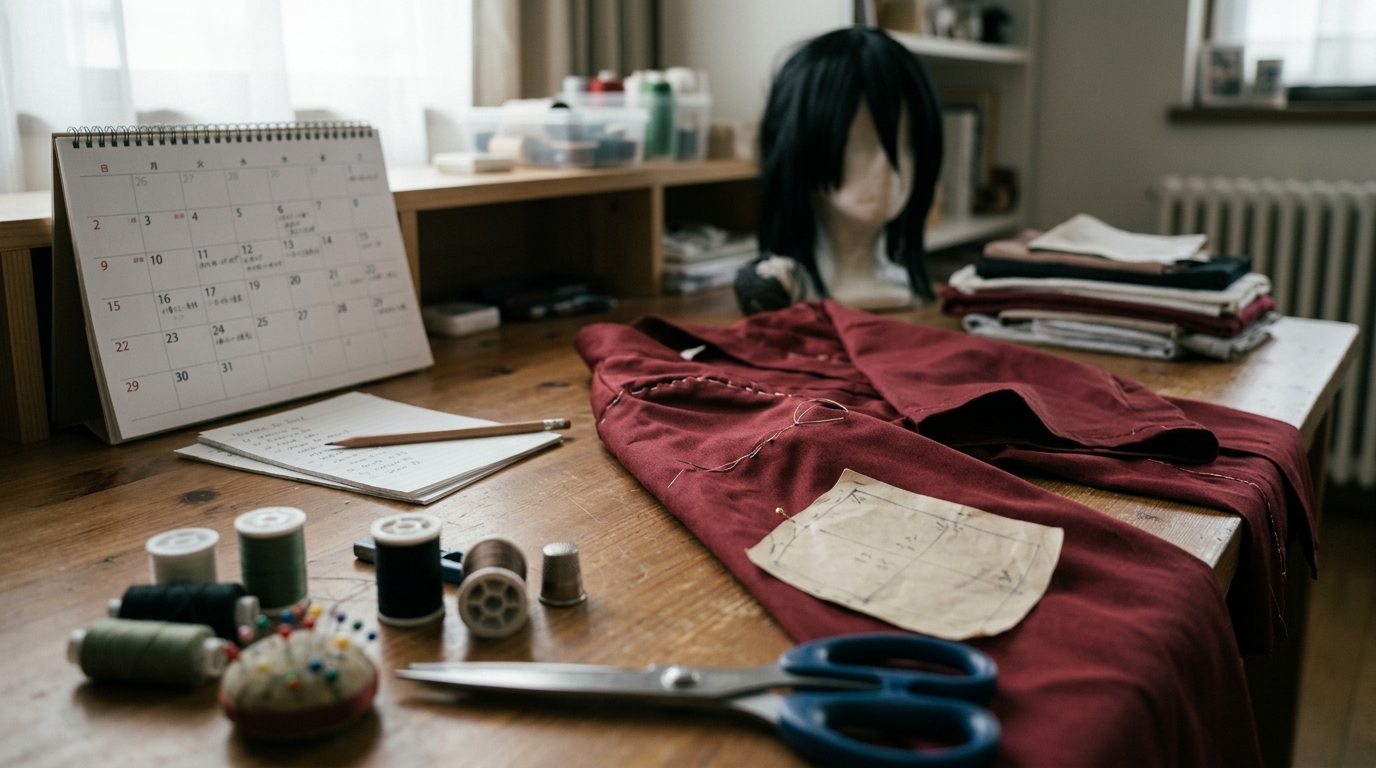 作業中のコスプレ衣装づくりとスケジュール帳の写真