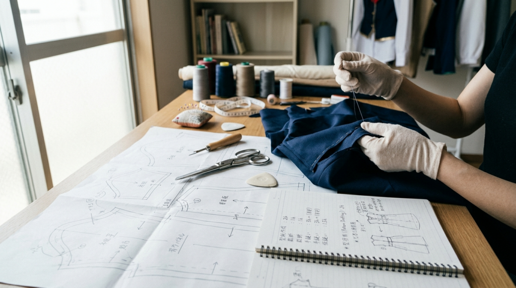 裁断や型紙など作業工程一覧とタイムメモのある作業机