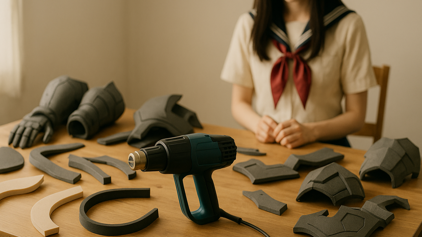 作業机にヒートガンと造形素材が並んでいる場面
