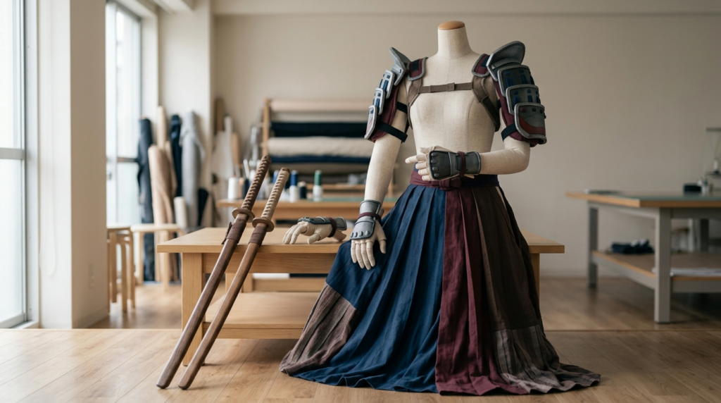 大きな肩パーツ、長いスカート、長物武器などを備えたコスプレ衣装と小道具が展示されているスタジオ風景。可動域の違いが一目で分かる組み合わせ