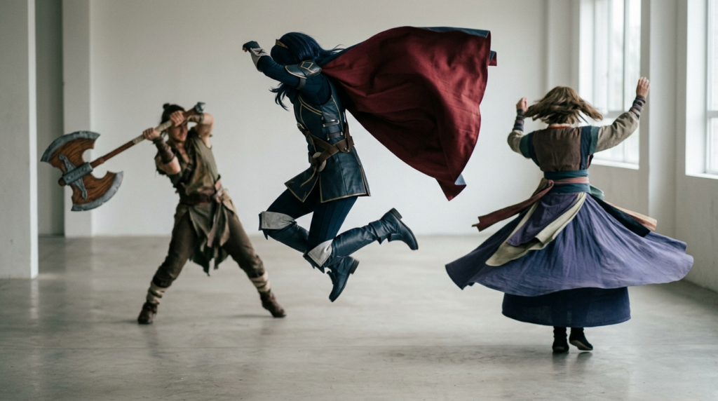 ジャンプ、ターン、武器アクションをするコスプレイヤーの動きを止めた撮影例と、動作の失敗例を並べたイメージ画像