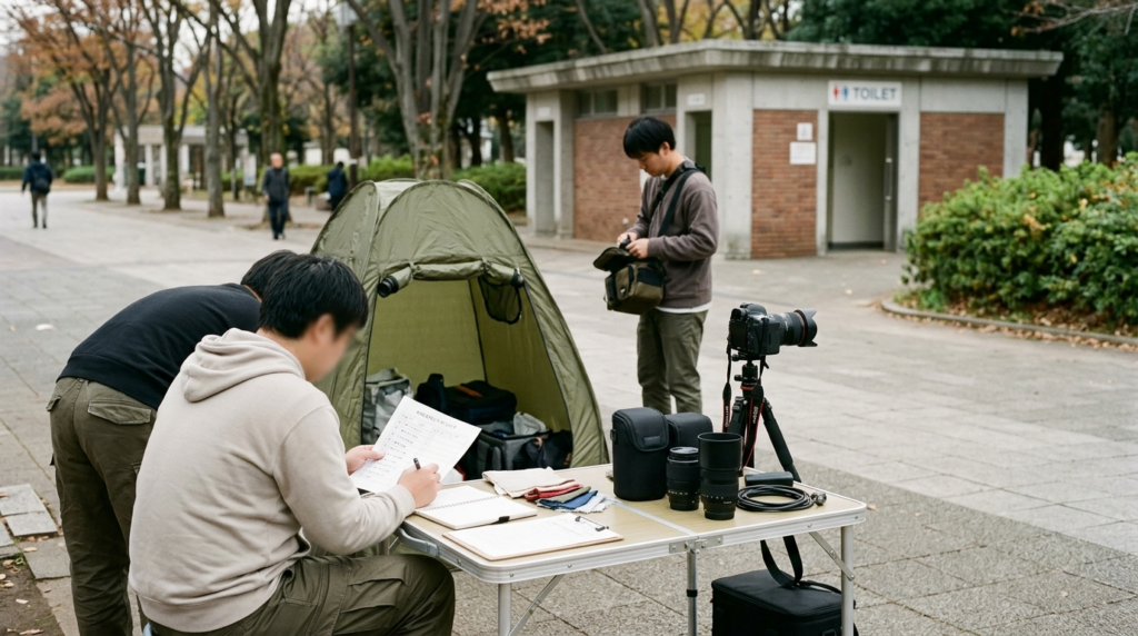 屋外ロケハンのチェックリスト、着替え用テント、カメラ機材、公園の導線・トイレが一目で分かる情景