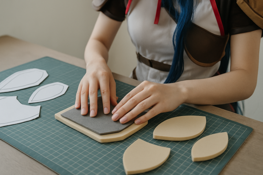 柔らかいウレタンシートとフェルトを重ねる手元