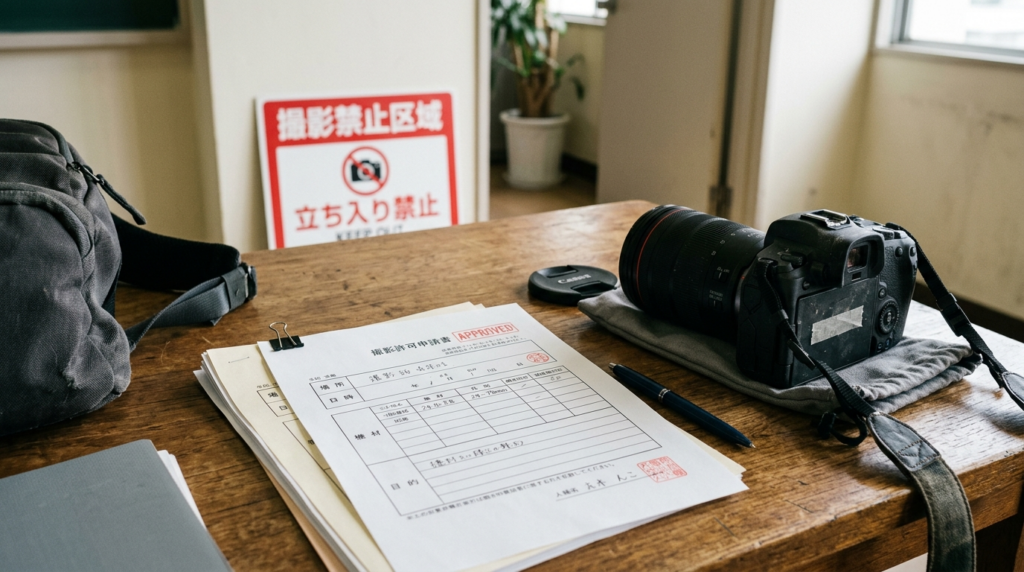 各種撮影許可申請書類とカメラ、警告サインが並ぶデスクのイメージ