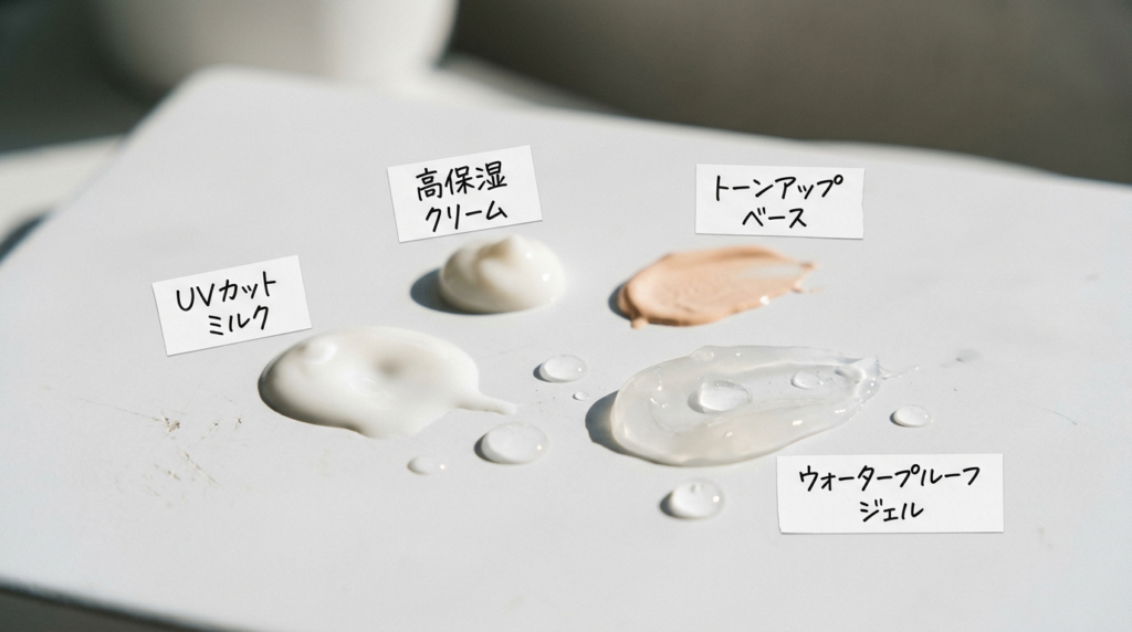 屋外強い日差しの下で並ぶ3種の化粧下地とそのテクスチャ、汗への耐久性を表現した水滴つきのディスプレイ