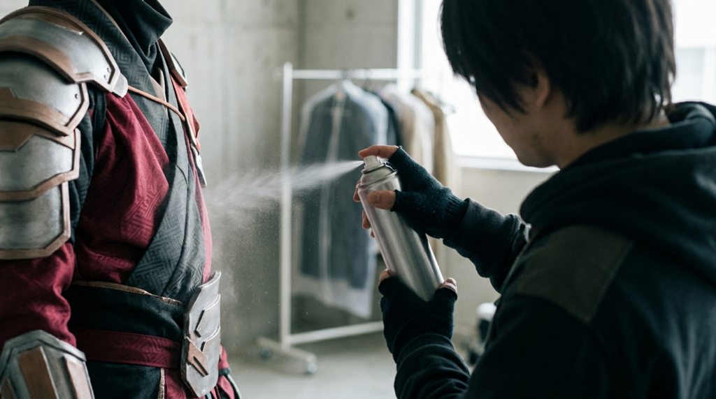 コスプレ衣装にスプレーで消臭剤を使っている手元