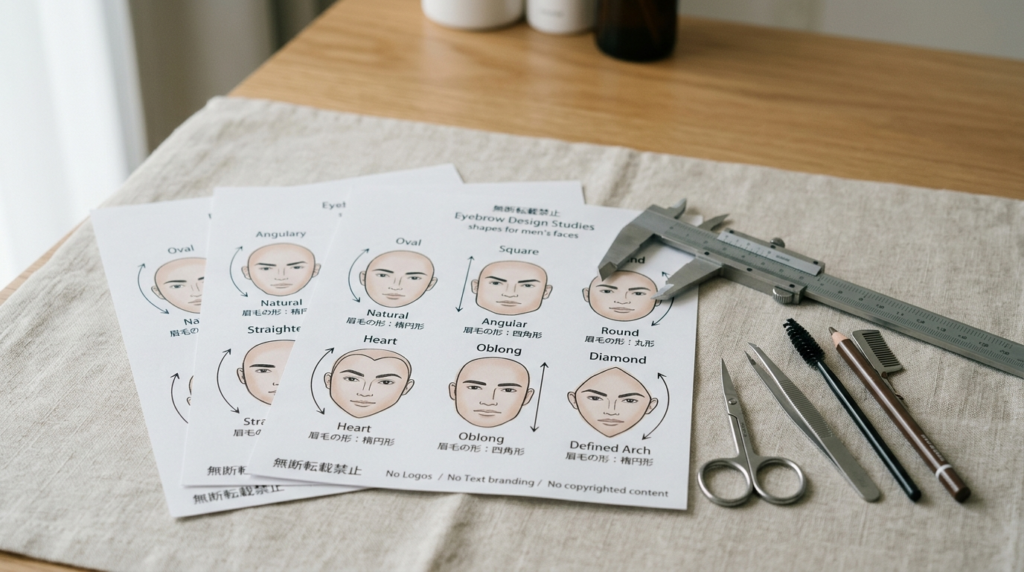 男装眉のデザイン例、計測器と各顔型別の眉パターンを示す用具セット