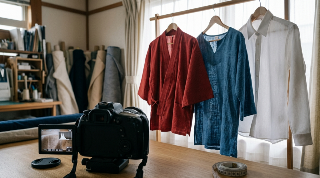 カメラの液晶モニターにヒストグラムが表示され、赤・青・白のコスプレ衣装を照明ごとに比較している情景