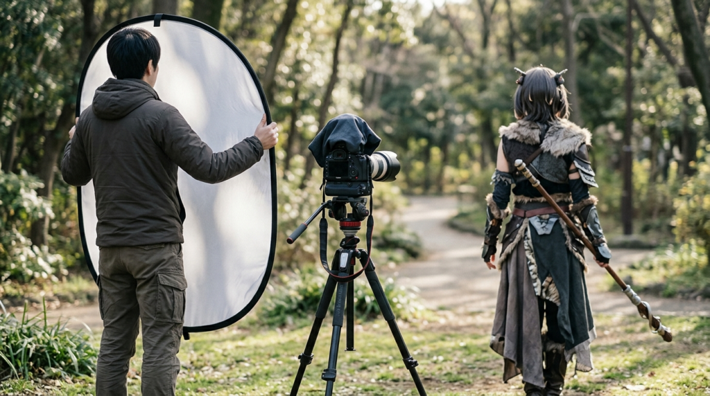 逆光を活かして人物と衣装がやわらかく浮かび上がるコスプレ撮影の現場のセットアップと、背景がボケて被写体が目立つ屋外撮影の様子