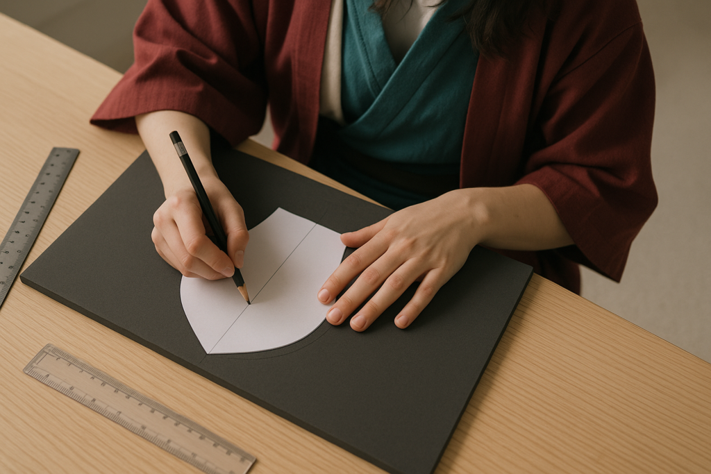 紙に描いた型紙をEVAに写している場面
